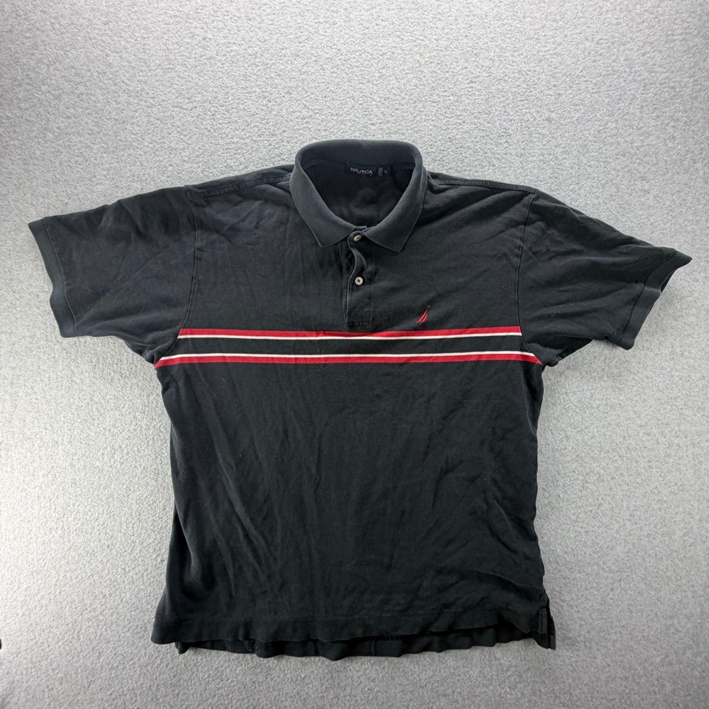 Nautica Mens XL Black Striped Short Sleeve Cotton Pique Polo Shirt Logo